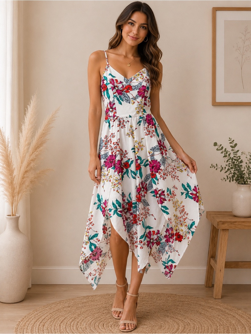 Bailey Blue Floral High-Low Midi Dress Medium White Pink Teal Sleeveless
